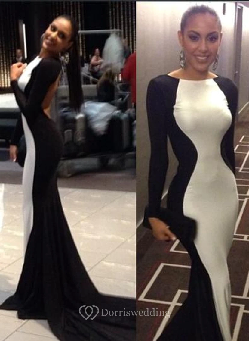 Neues, sexy weißes und schwarzes Ballkleid mit langen Ärmeln für Damen – perfektes Abendkleid für Partys