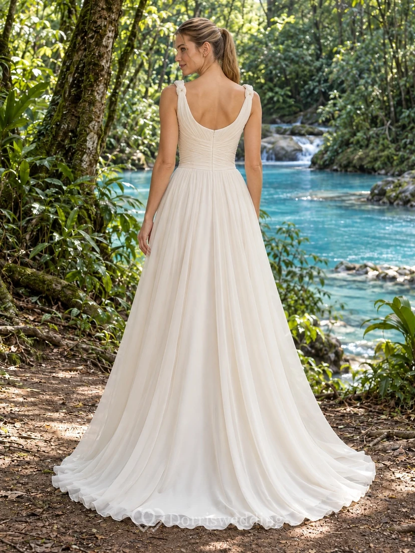 Schlichtes Chiffon-Brautkleid mit U-Boot-Ausschnitt, plissiertem Oberteil und voluminöser A-Linien-Schleppe view 2