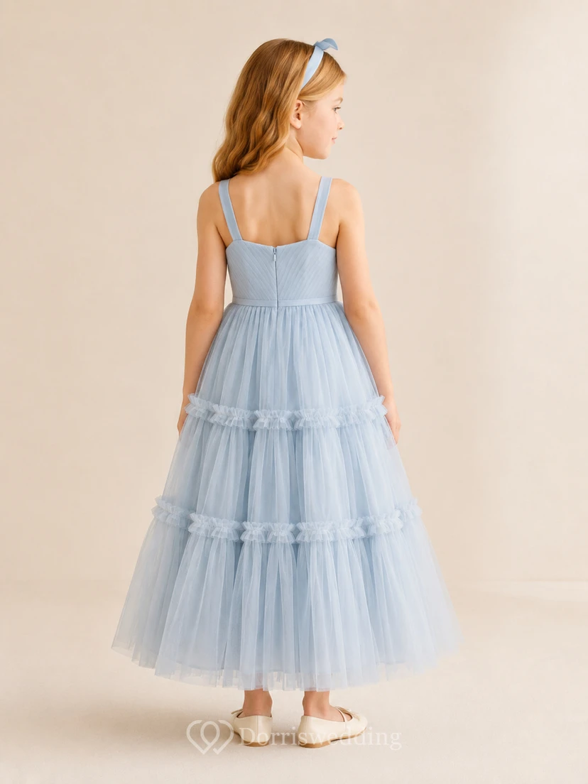 Blue Tiered Tulle A-Line Flower Girl Dress with Tea-Length Skirt and Tiered Skirt view 2