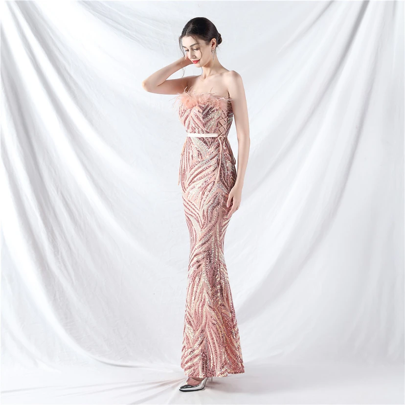 Double-Binding Rope-Binding Craft-Made Ostrich Feather Encrypted Laminated Beads High-End Evening Dress view 23