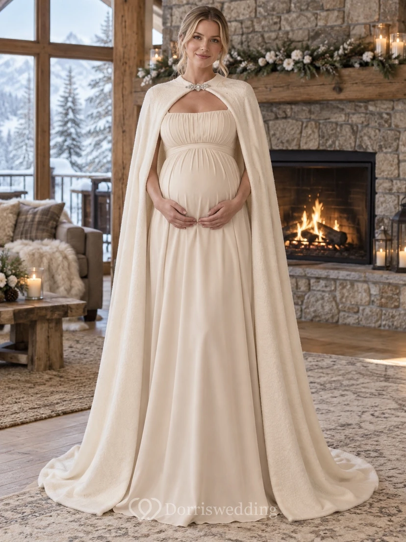Vestido de novia sencillo de cuello alto color champán estilo Cape Empire para embarazadas
