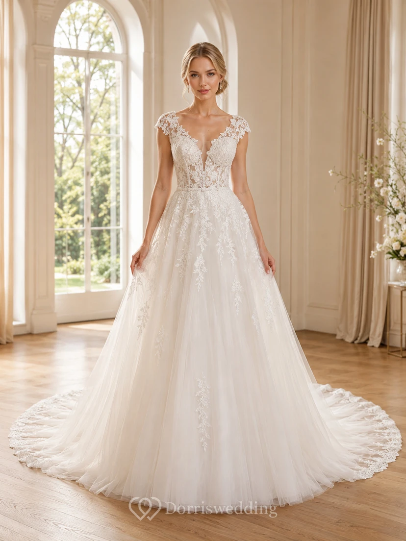 Vestido de novia de lujo con mangas cortas de encaje y cola catedral.