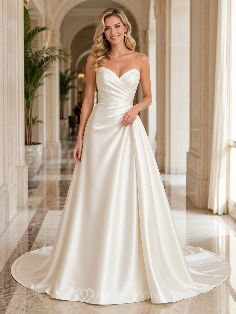 Robe de mariée élégante en satin, bustier cœur, coupe trapèze, traîne, style court