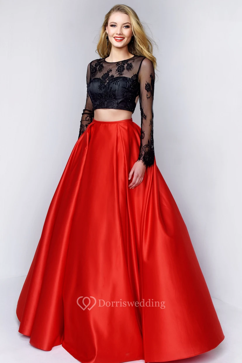 Two-Piece A-Line Scoop-Neck Long Sleeve Satin Keyhole Dress With Lace And Appliques