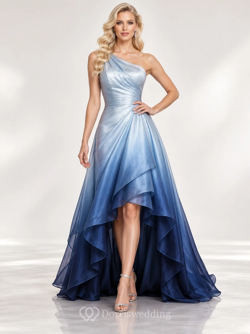 High-low Steel Blue Ombre One Shoulder Satin Formal Evening Gown