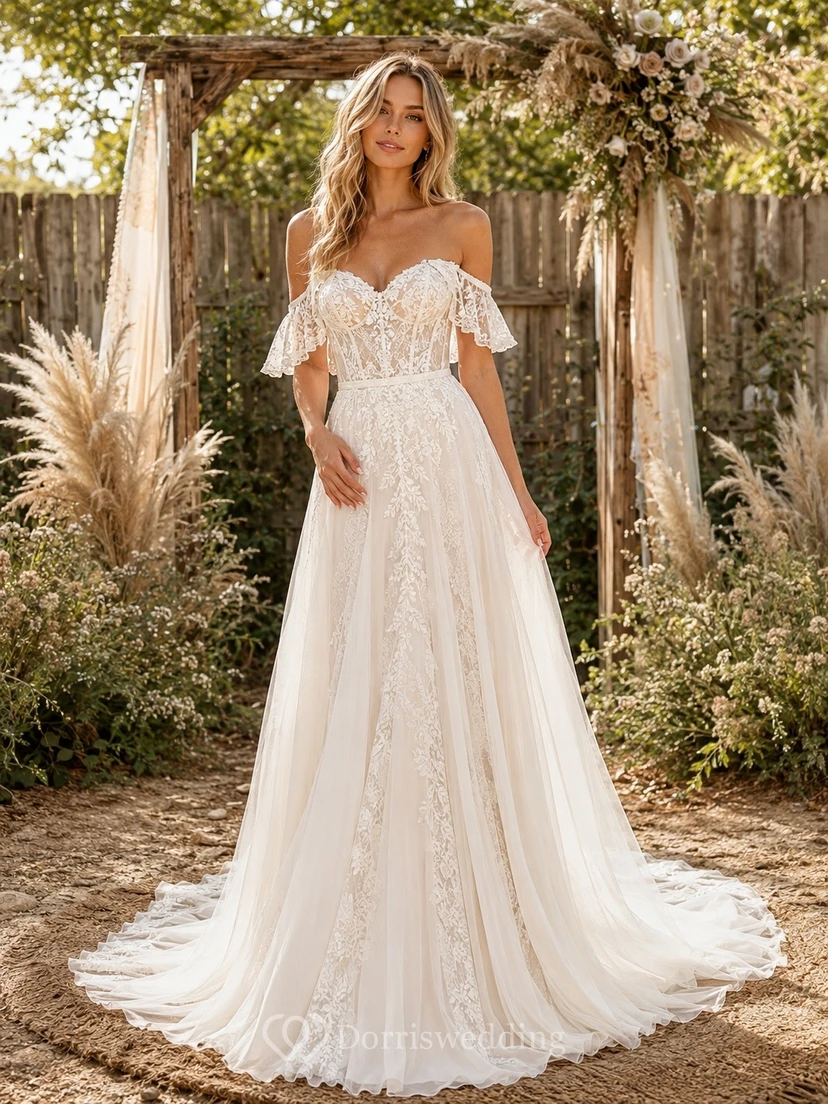 Vestido de novia formal de corte A con hombros descubiertos, estilo bohemio romántico.
