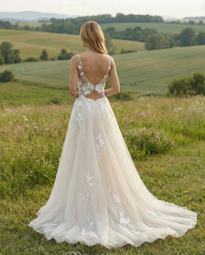 Robe de mariée romantique de coupe trapèze avec corsage en dentelle illusion et jupe en tulle view 2