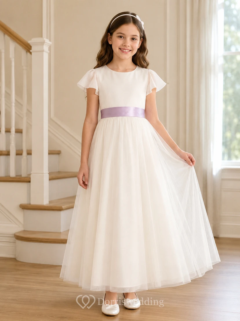 Robe de communion en tulle à col rond et manches papillon, longueur cheville, col rond, robe de communion en tulle.