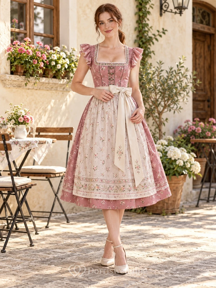 Vintage Dusty Rose Square Neck Flutter Sleeve Floral Dirndl Dress