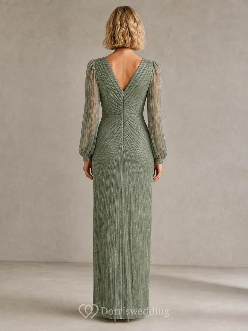 Vestido formal largo hasta el suelo, elegante y moderno, de jersey con cuello en V y mangas largas fruncidas, color verde salvia. view 2