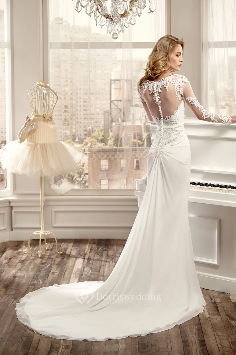 Long-Sleeve Sheath Elegant Wedding Dress With Brush Train And Back Draping view 2