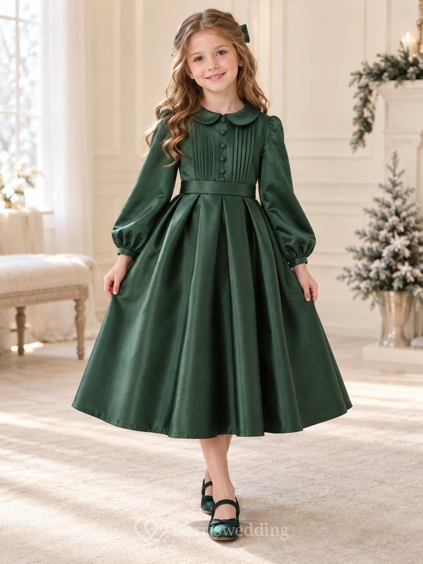 Forest Green Satin Button Bodice Bishop Sleeve Tea-length Flower Girl Dress