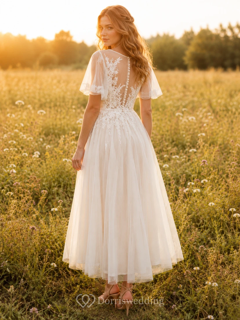 Boho Lace Tulle Wedding Dress A-Line V-Neck Short Sleeve Tea Length Bridal Gown view 2