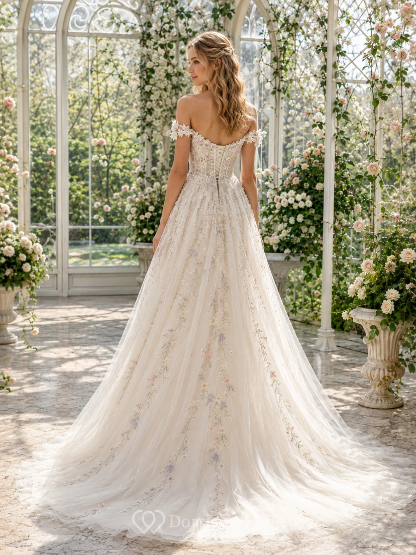 Pastellfarbenes, besticktes, schulterfreies Brautkleid im A-Linien-Schnitt im Frühlings-Gewächshaus-Stil view 2