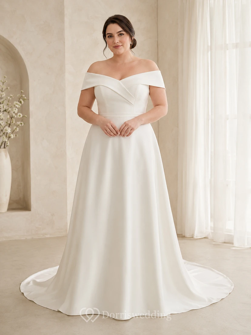 Satin Wedding Dress A-Line Off Shoulder Short Sleeve Chapel Train Bridal Gown