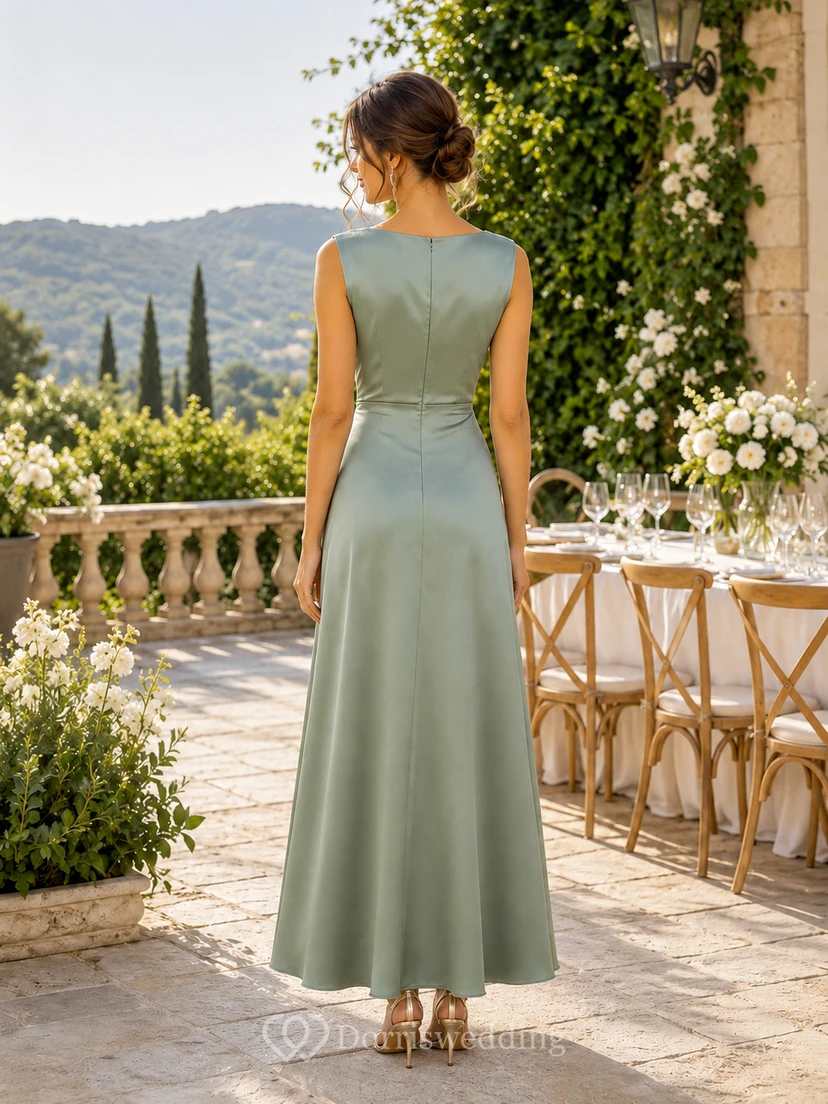 Sage Satin Bateau Cap Sleeve Ankle-Length Sheath Dress view 2