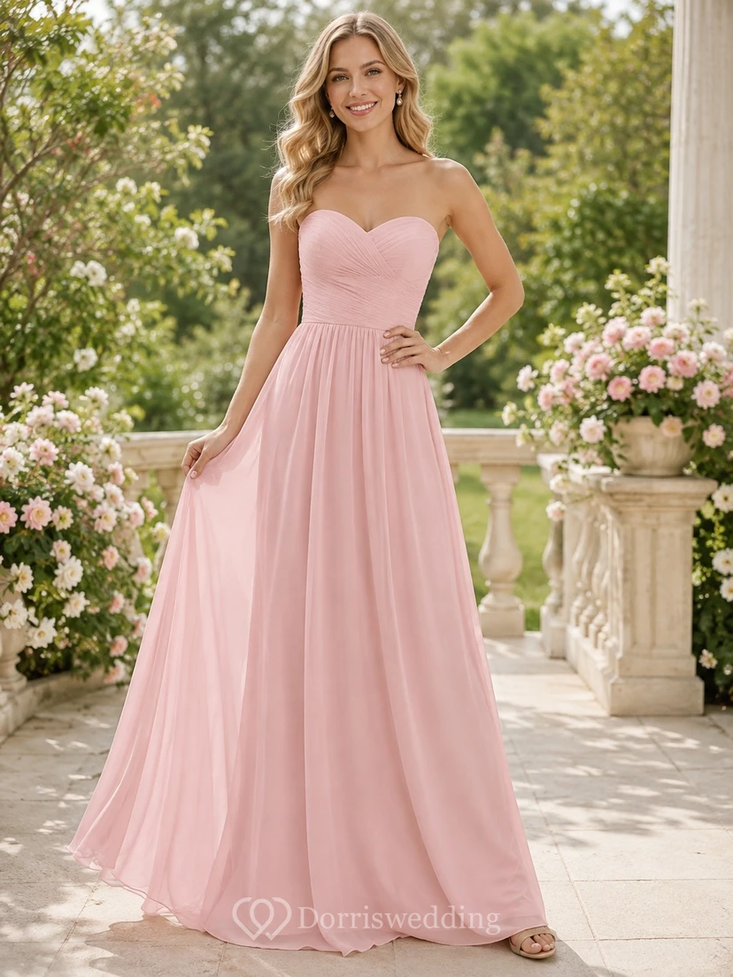 Strapless Sweetheart Blushing Pink Chiffon A-line Bridesmaid Evening Dress