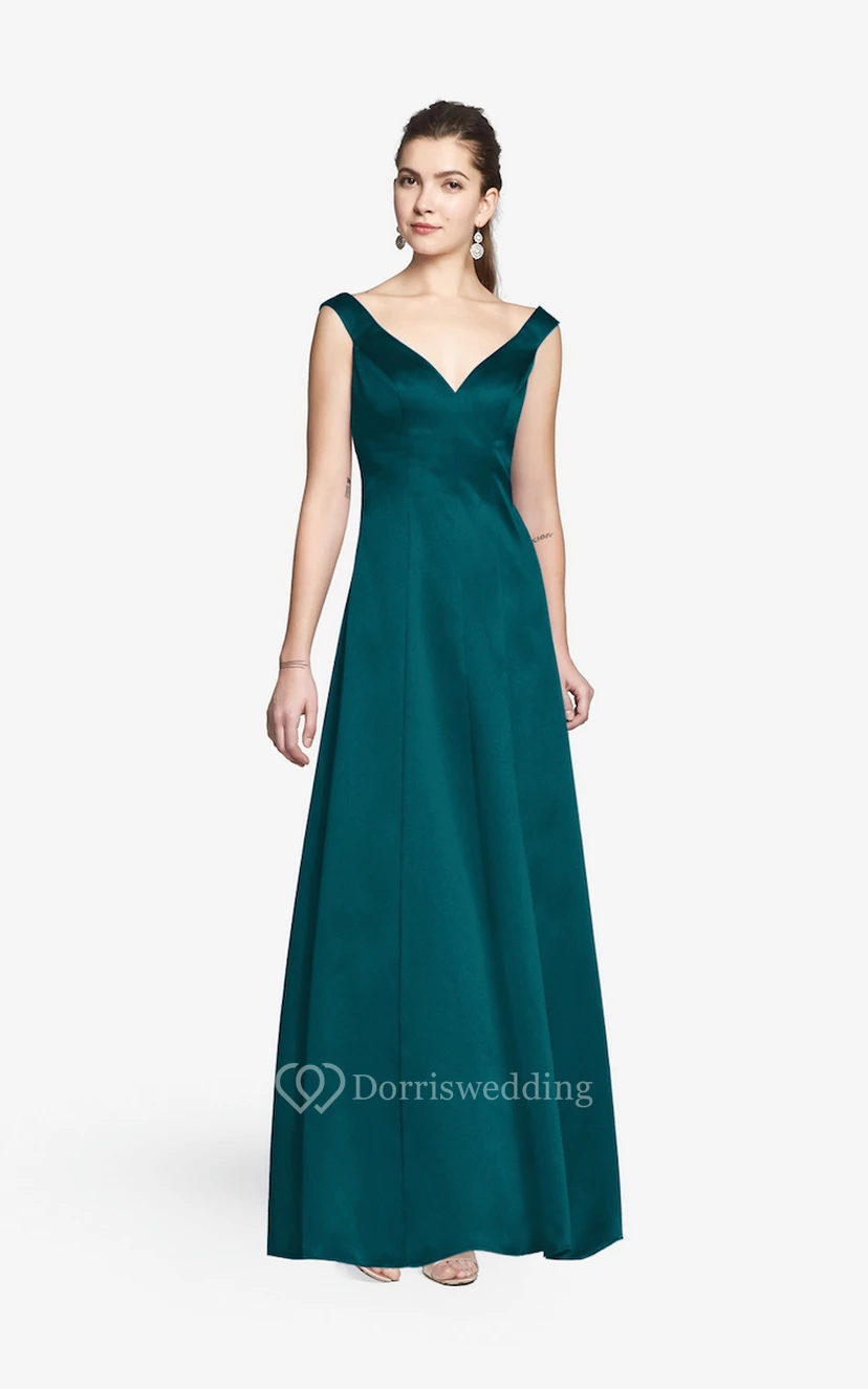 Simple V-neckline Floor-length Satin Dress With Cap Sleeves view 11