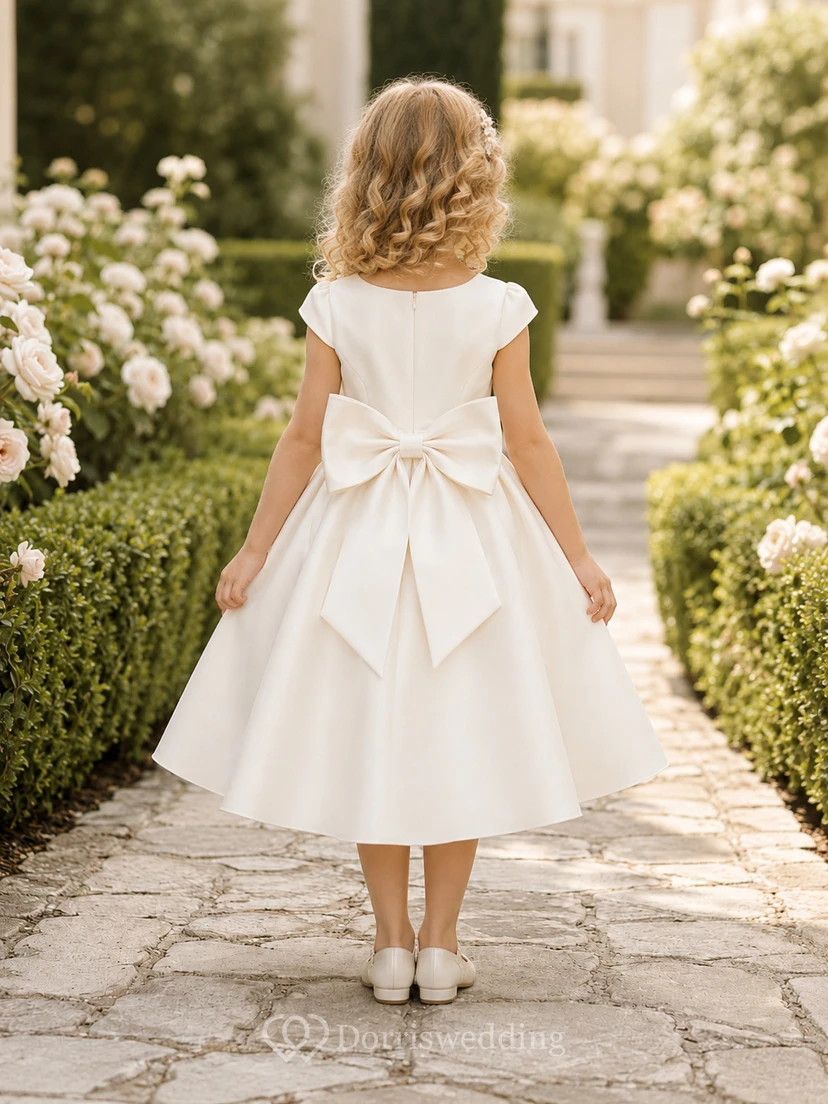 Blumenmädchenkleid aus elfenbeinfarbenem Satin, A-Linie, Rundhalsausschnitt, Teelänge, Schleifendetail view 2