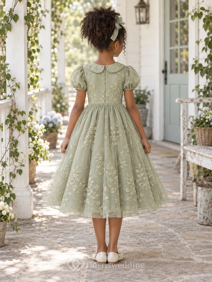 Tea-length Vintage Sage Floral A-Line Tulle Puff-Sleeve Peter-Pan-Collar Flowergirl Dress view 2