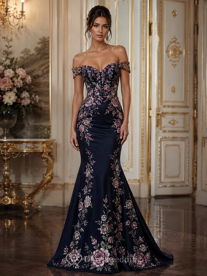 Robe de bal sirène en dentelle, épaules dénudées, sans manches et ornée de broderies florales, longueur au sol