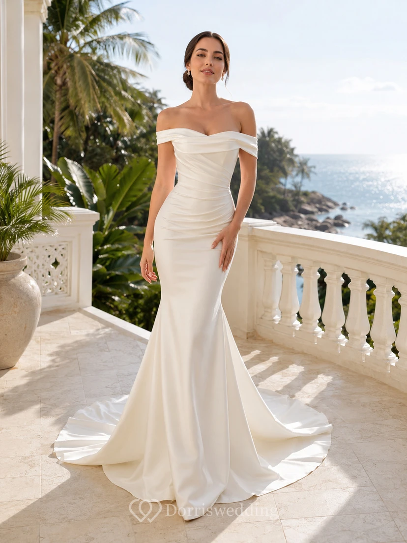 Robe de mariée sirène élégante en satin satiné à épaules dénudées et traîne chapelle