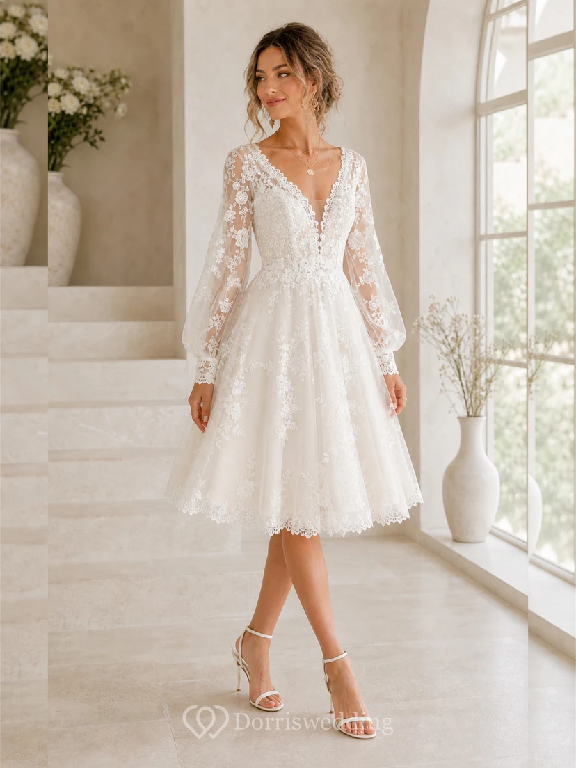 Robe de mariée blanche vintage coupe trapèze, manches longues, col en V, dentelle, longueur thé view 3