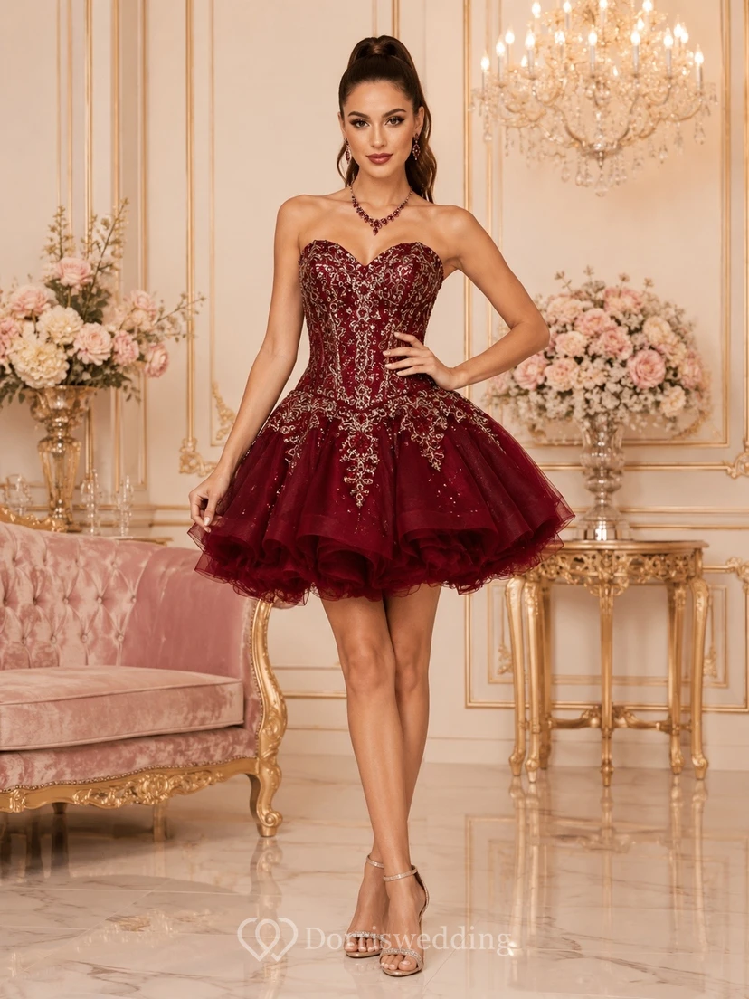 Burgundy Lace Tulle Square Neck Short Sleeve Ball Gown Party Dress