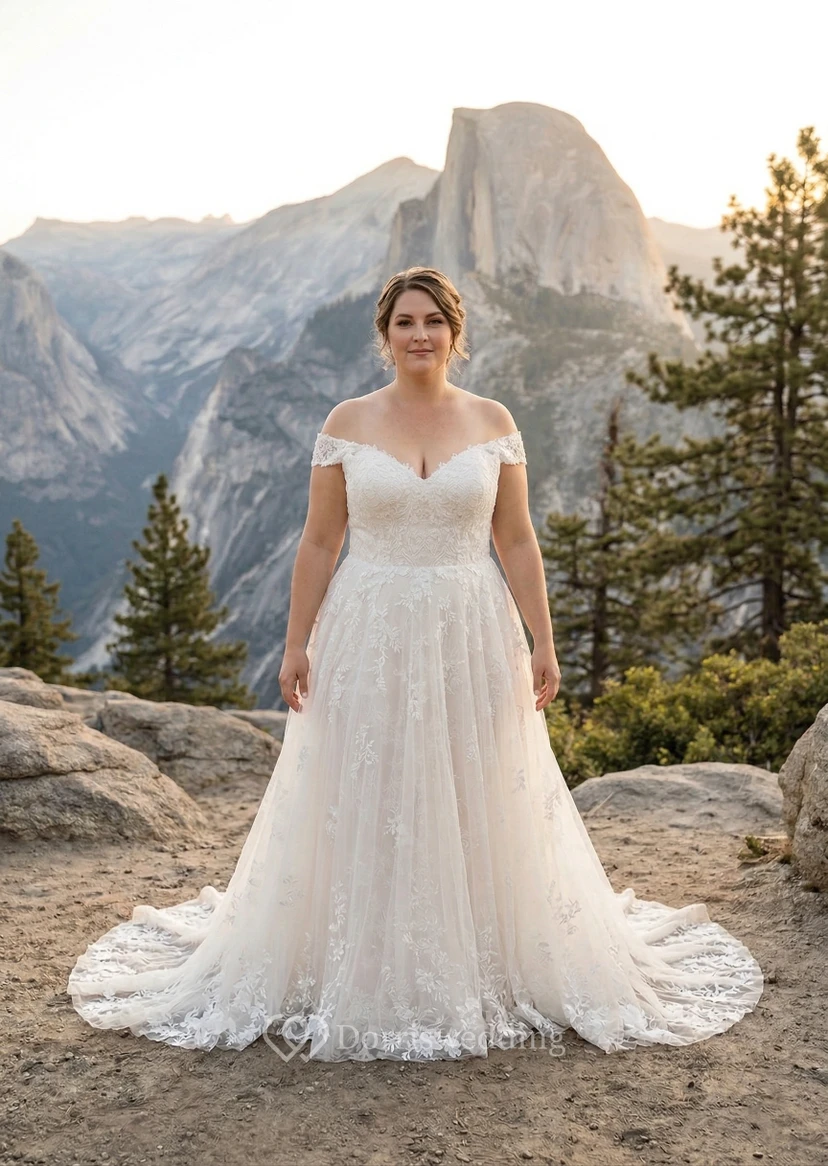 Plus Size Off Shoulder Lace A-Line Wedding Dress with Chapel Train