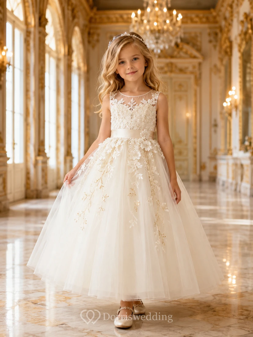 Vestido de niña de las flores color marfil con escote ilusión tipo joya, corpiño de encaje floral con cuentas, falda de tul acampanada hasta los tobillos y cierre de botones en la espalda.