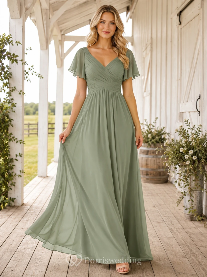 Sage Chiffon A-Line V-Neck Flutter Sleeve Pleated Low Back Floor-Length Bridesmaid Dress