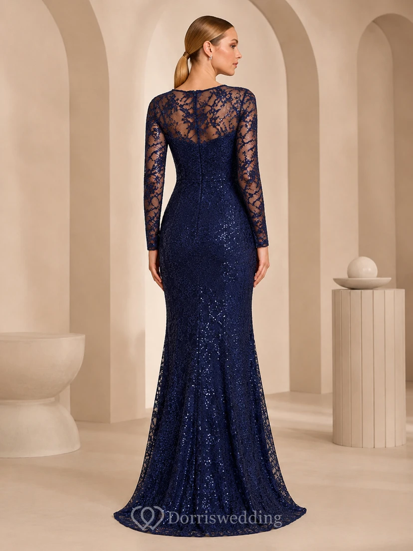 Dunkelblaues, bodenlanges Meerjungfrauen-Abendkleid mit filigranem Muster, langen Ärmeln und Spitzenbesatz view 2