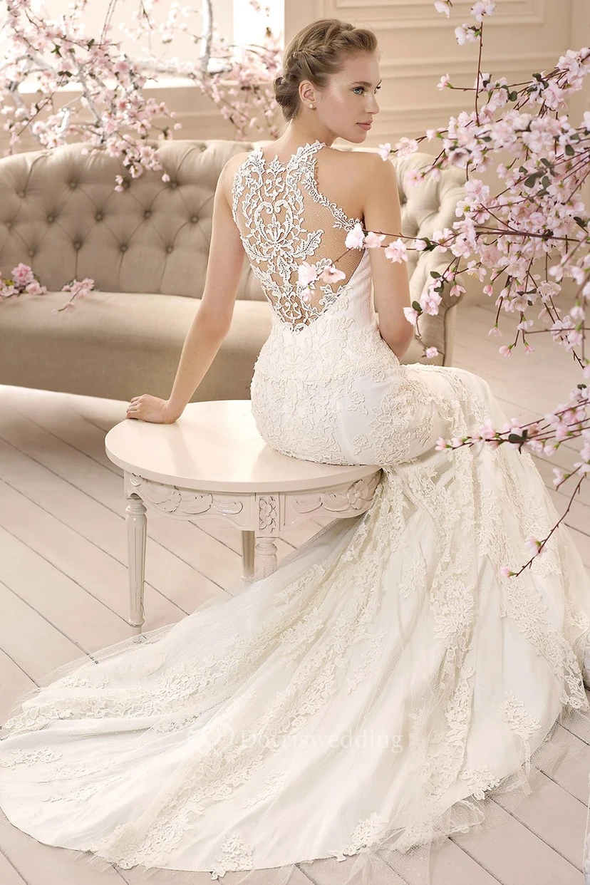 Sheath Sleeveless High-Neck Floor-Length Appliqued Lace Mermaid Wedding Dress view 4