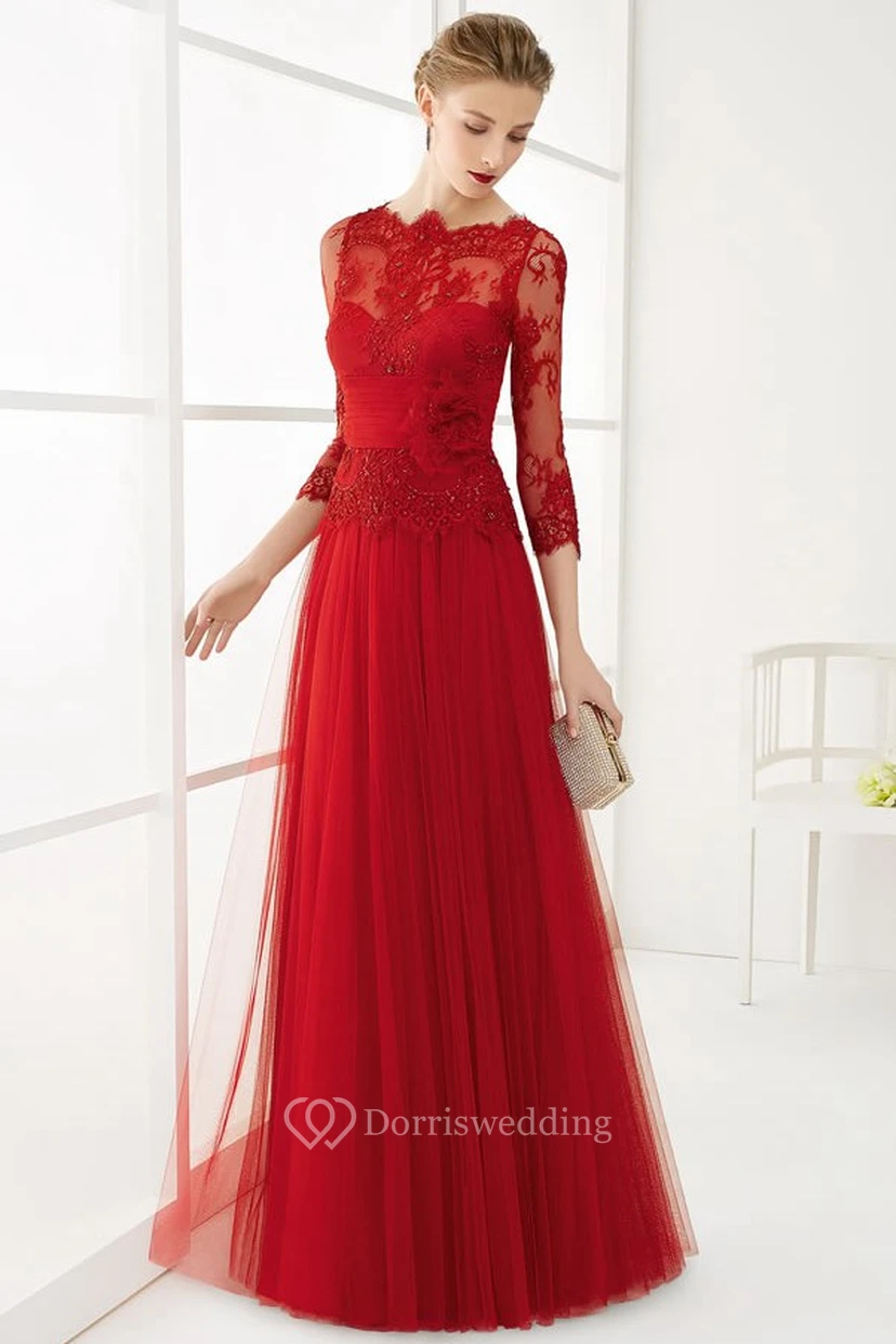 A-Line Long Appliqued 3-4-Sleeve Jewel-Neck Tulle Prom Dress With Flower