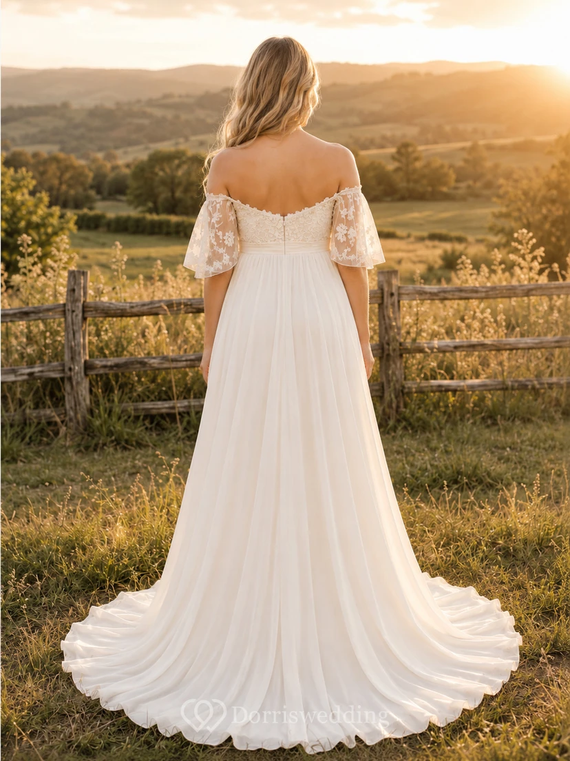 Vestido de novia campestre de gasa y encaje, corte en A, hombros descubiertos, manga corta, cola larga. view 2