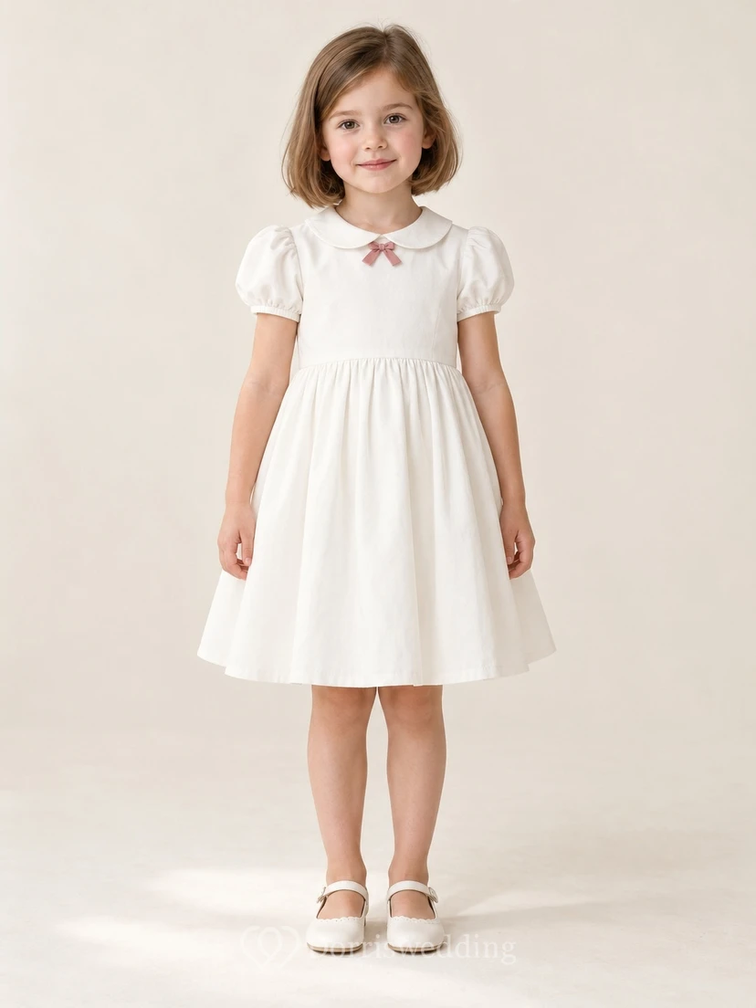 Vintage Modest White Knee Length Broad Collar Pointed Bow Puff Sleeve Flower Girl Dress