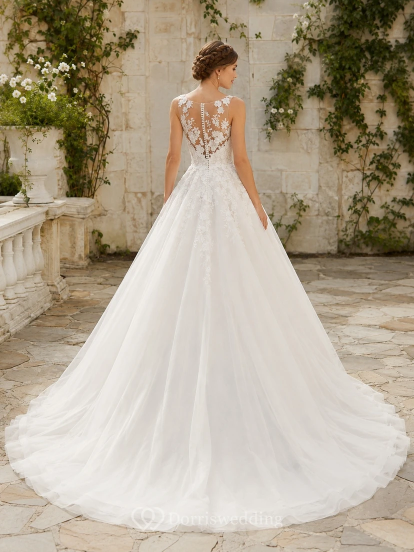 Schlichtes, bodenlanges, ärmelloses Brautkleid mit Trägern in A-Linie für formelle Anlässe view 2