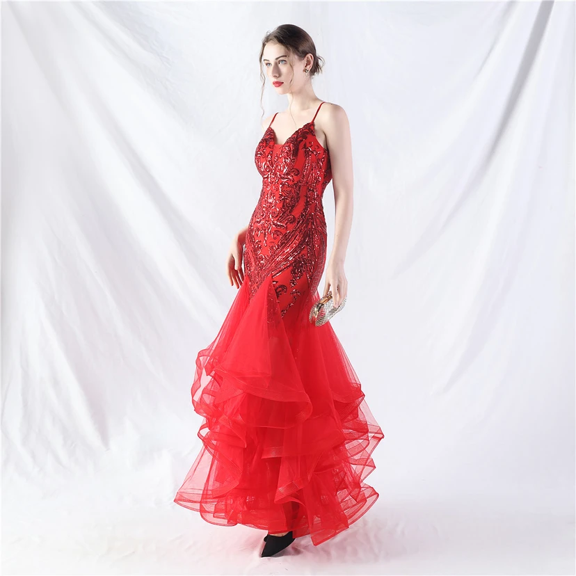 Vestido de actuación para celebración de baile caliente con cuentas de flores y posicionamiento de red rígida. view 5