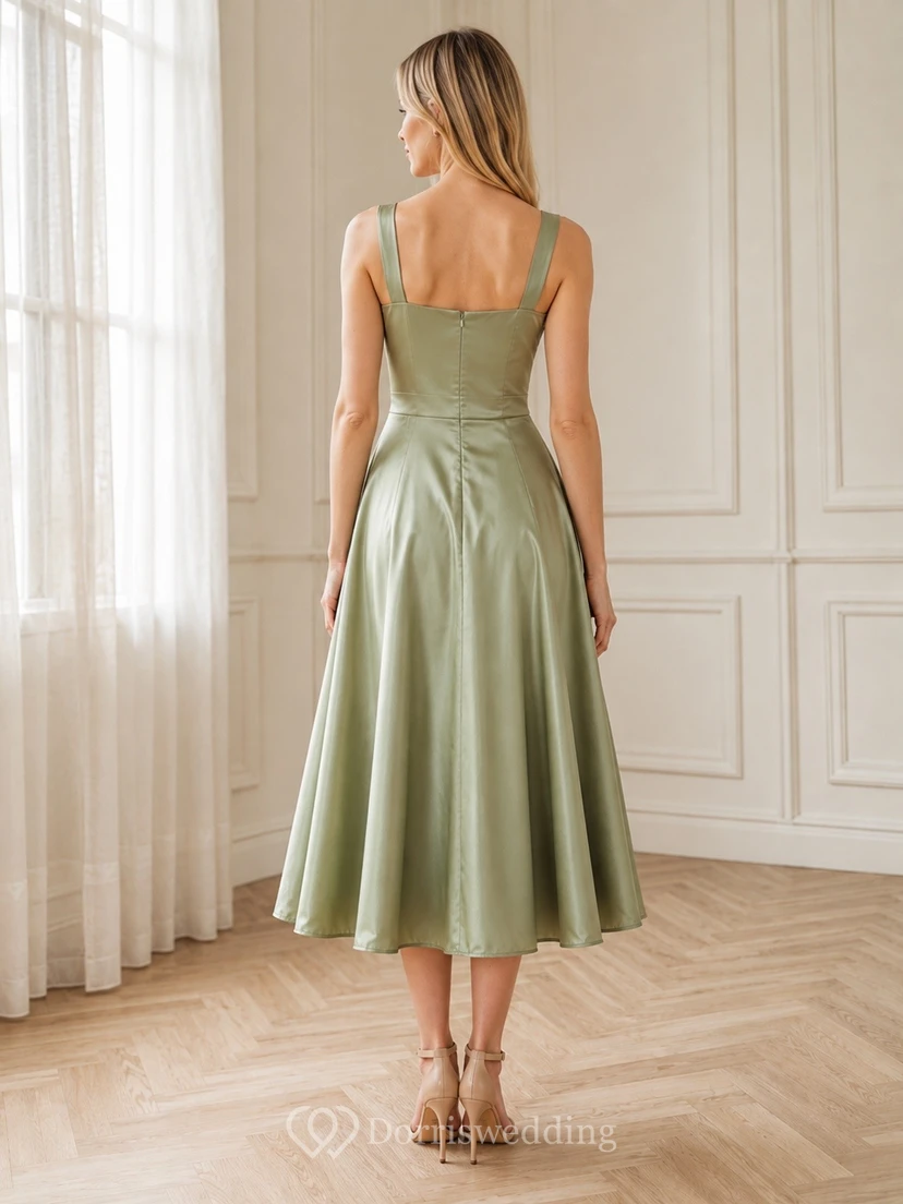 Sage Square Neck Sleeveless Satin A-Line Tea-length Modern Evening Dress view 2