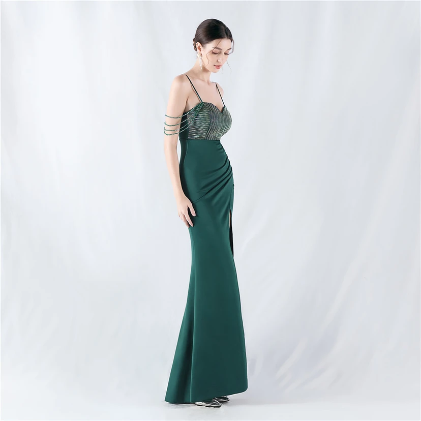 Hot Diamond Beaded High-Slit Satin Sexy Sling Evening Dress view 14