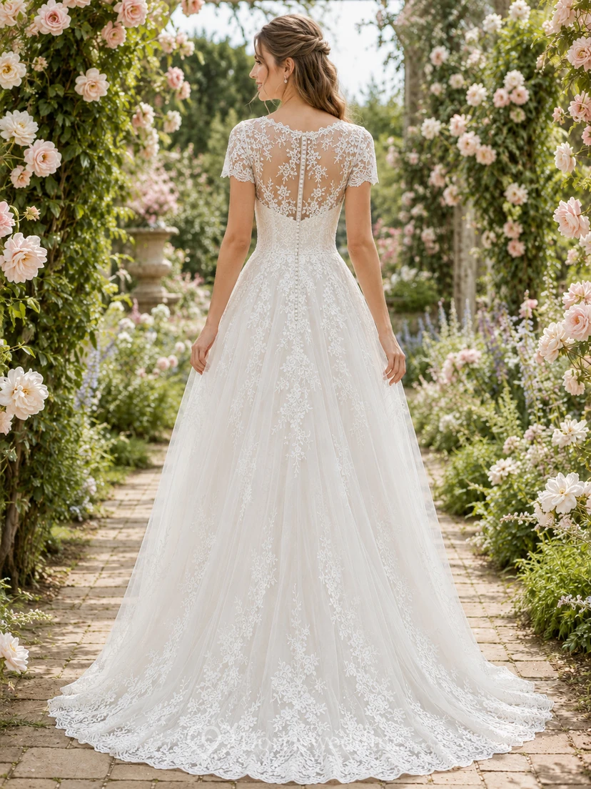 Short Sleeve Illusion Lace A Line Spring Garden Bridal Gown view 2