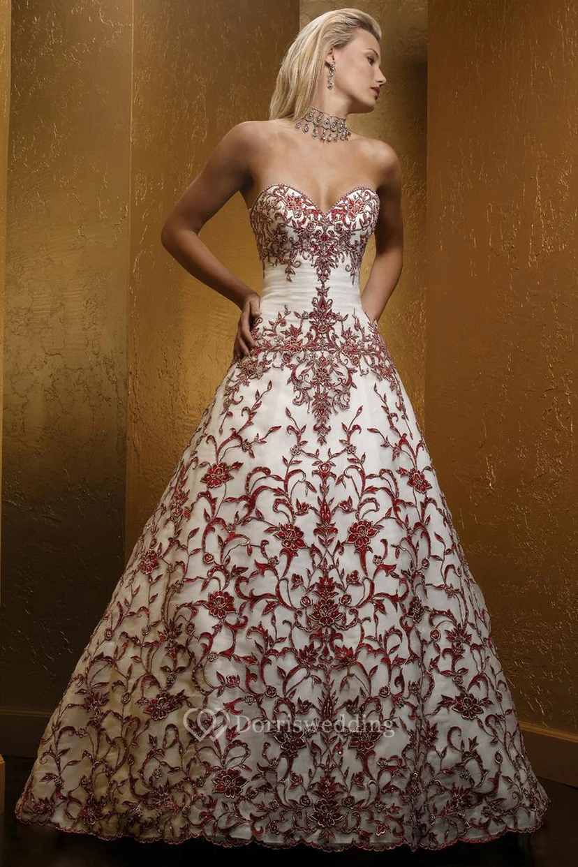 A-Line Embroidered Sweetheart Floor-Length Sleeveless Wedding Dress With Ruching And Beading