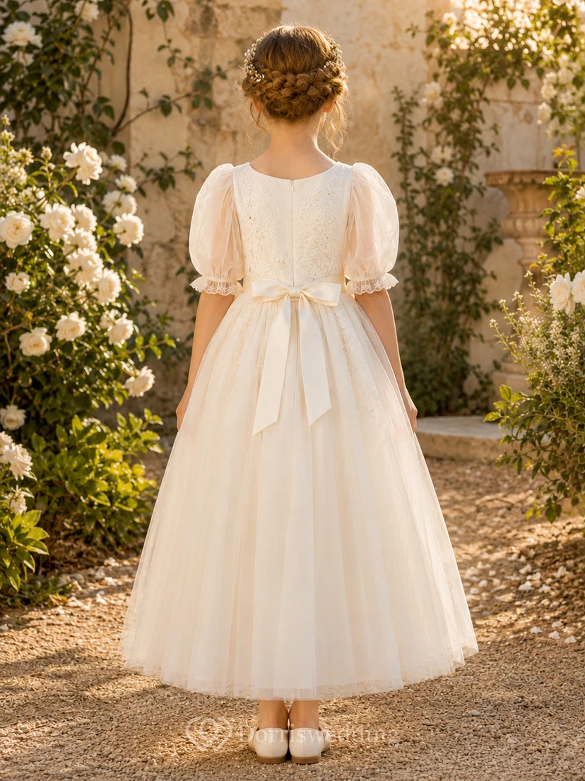 Flower Girl Dress Ivory Lace Tulle A-Line Short Sleeve Jewel Neck Tea Length view 2