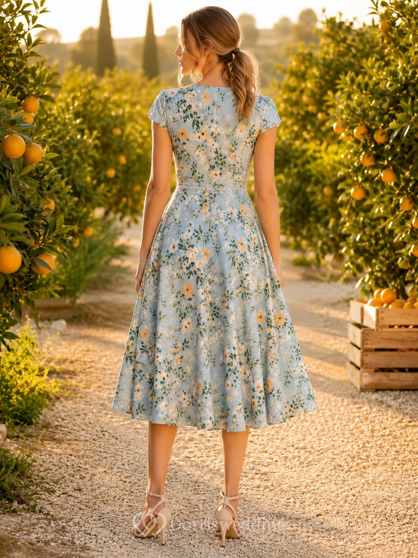 Blue Orange Blossom Print V-Neck Garden Tea Dress view 2