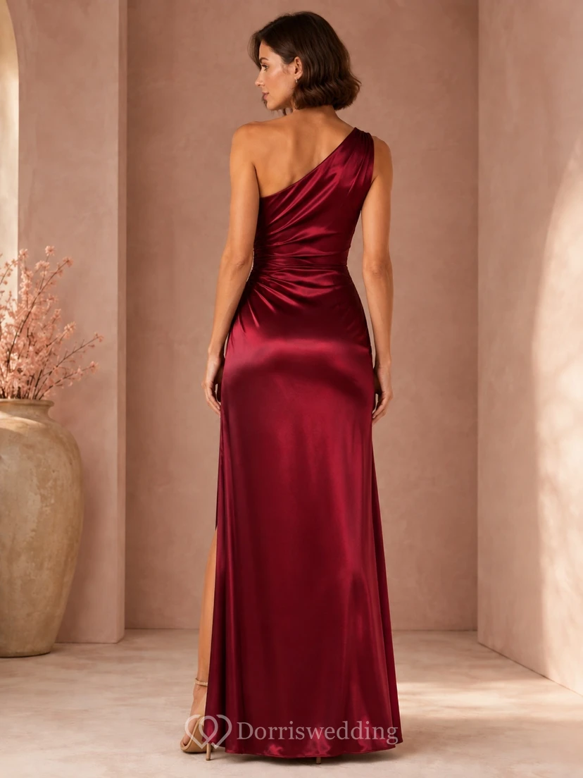 Burgundy One-Shoulder Draped Satin Sheath Floor-Length Split Evening Dress view 2
