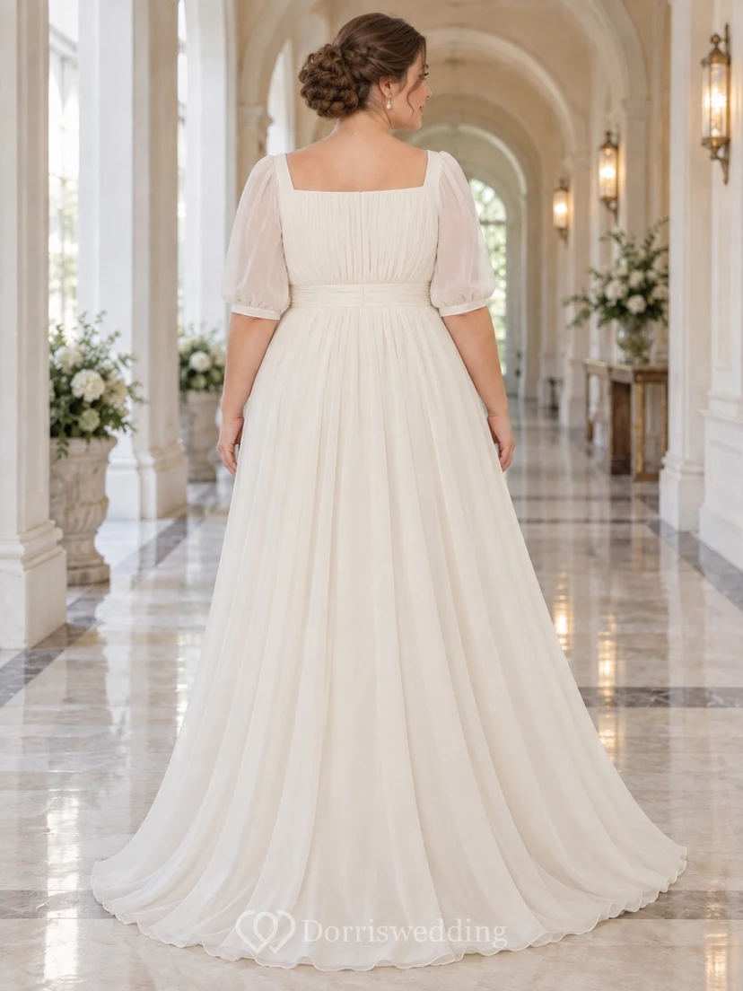 Vestido de novia de gasa de corte imperio con escote cuadrado discreto y mangas transparentes hasta la mitad. view 2