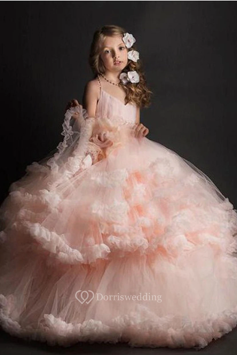 Tüll-Spaghetti-Ballkleid, Blumenkleid mit Stufen