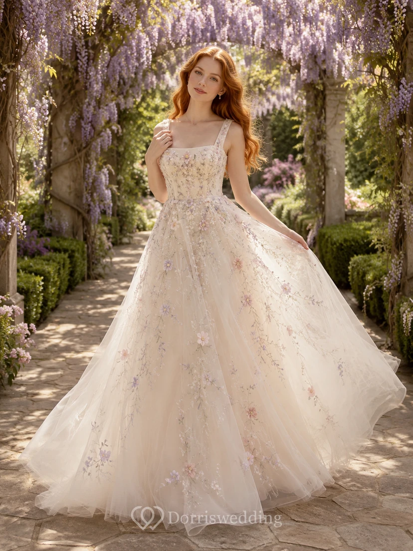 Square Neck Colored Floral Tulle Garden Bridal Gown