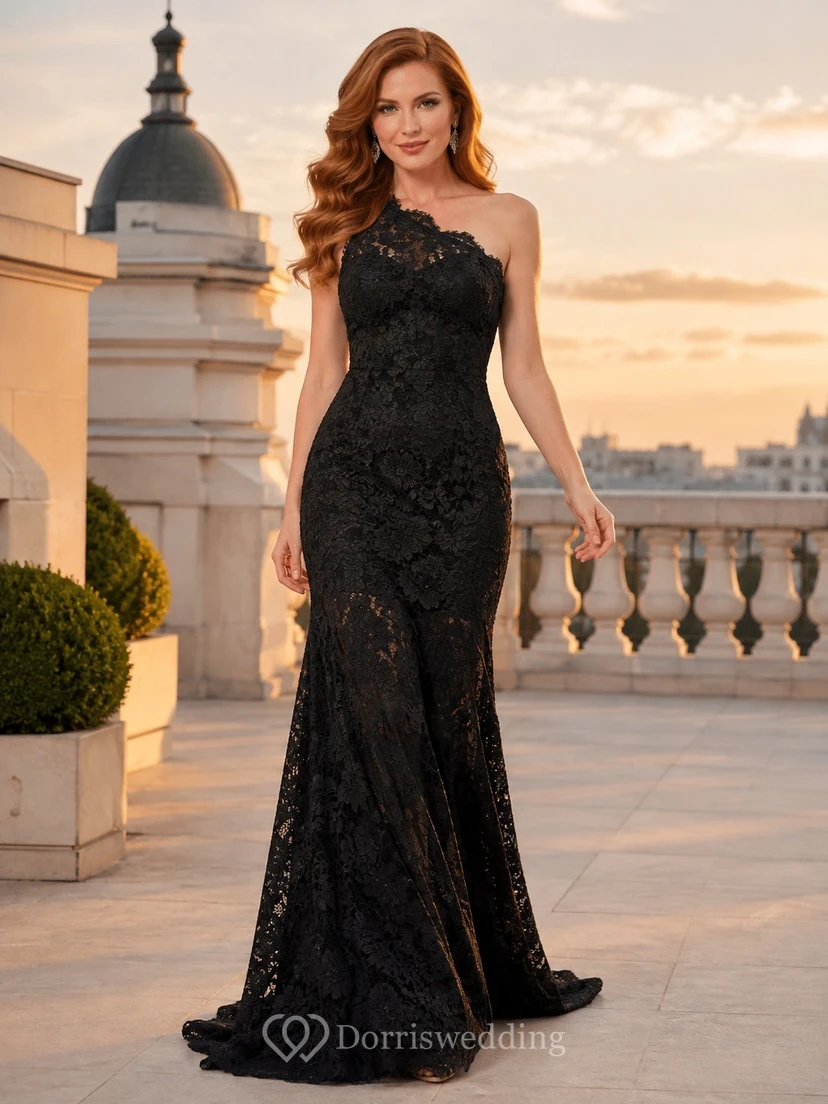 Sexy schwarzes, schulterfreies, bodenlanges Meerjungfrauen-Spitzenkleid mit asymmetrischem Saum