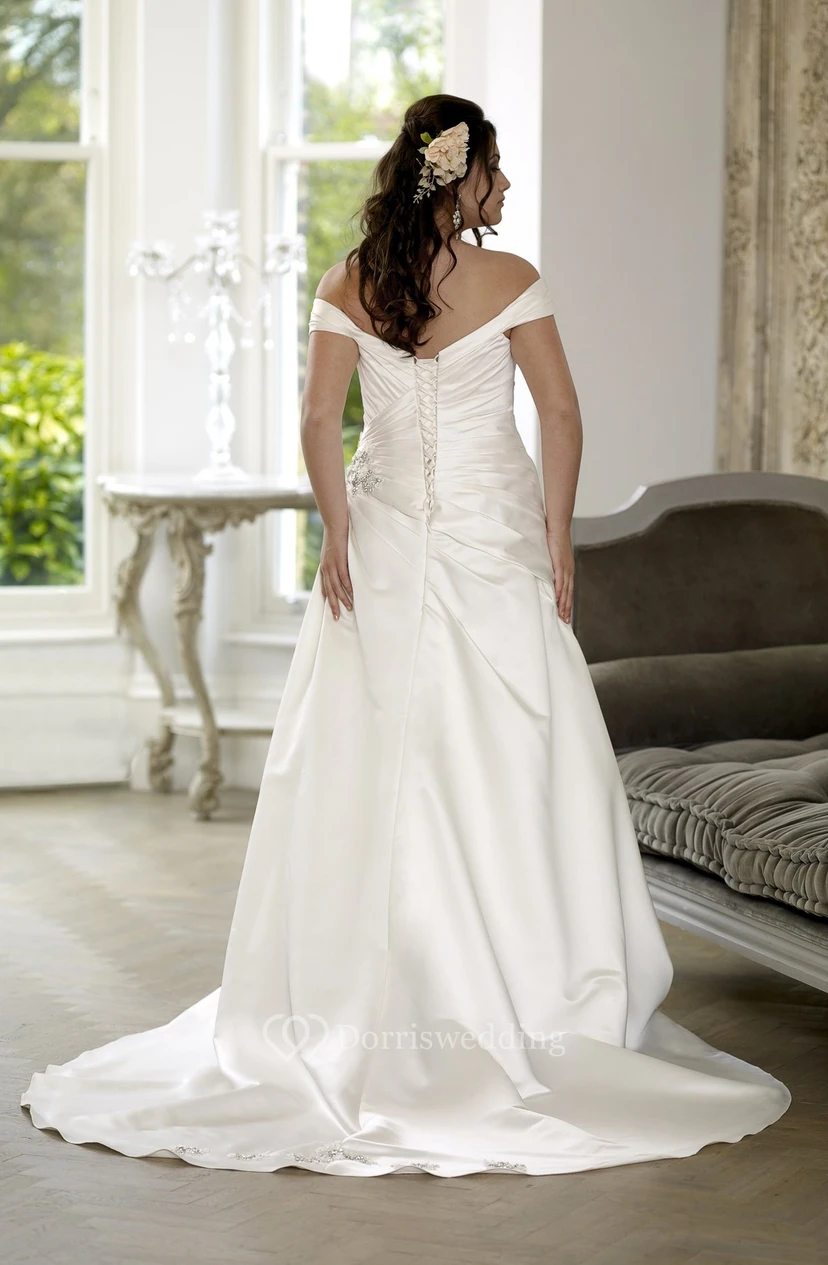 A-Line Floor-Length Off-The-Shoulder Satin Court Train Lace-Up Back Side Draping Dress view 2